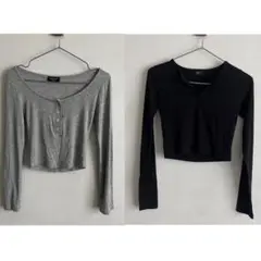 長袖クロップドtシャツ ブラック グレー 2枚セット