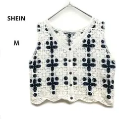 シーイン M アイボリー/紺 花柄レース編みニットベスト クロップド丈