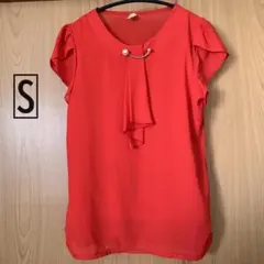 ブローチ付き ボウタイスカーフ シフォン プルオーバー 半袖 ブラウス レッド