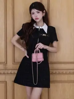 Randy アシンメトリーツイードハーフスリーブドレス ブラック Sサイズ