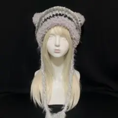 猫耳ニット帽 編み物 ハンドメイド グレー ブラック