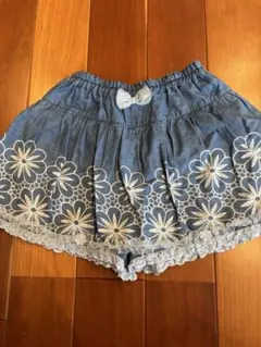 スーリー　デニム風キュロット 120 花柄刺繍　レース　スカパン