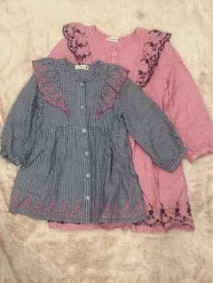 フリル付きチェック柄シャツワンピース　姉妹コーデ