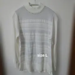 Hush Puppies ホワイト襟元ビジュ付き 長袖ニット L