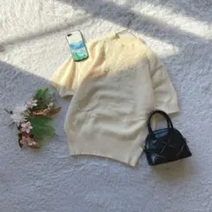 ✨未使用✨ 半袖ニット セーター アンゴラ混 花刺繍 L 上品 大人フェミニン