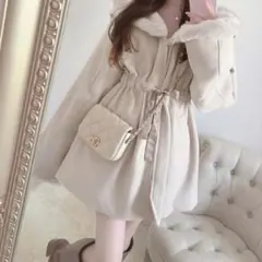 ファーフードドロストリボンコート[kz575]