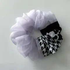 New！くすみパープルオーガンジー×千鳥格子カメリア♡ シュシュ