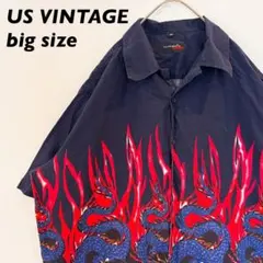 US古着　アロハシャツ　ハワイアン　半袖　総柄　ファイヤーパターン　開襟