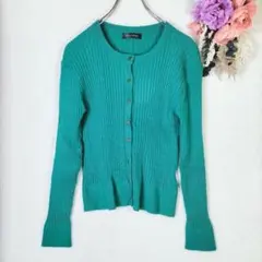 ジャンヌギャルソン　リブニット　長袖カーディガン　緑　ラウンドネック