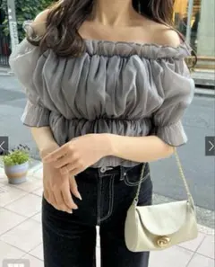 GRL シアーギャザーショート丈ブラウス tu541 Fサイズ チャコールグレー