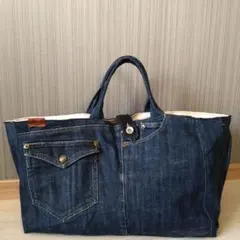 デニムトートバッグ　デニムリメイクバッグ　デニム横長トート