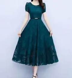 グリーン 半袖フレアドレス