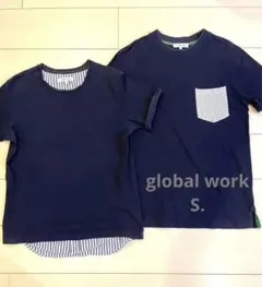 グローバルワーク　半袖　Tシャツ　ネイビー　無地　レイヤード　ストライプ　2枚