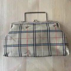 がま口ハンドバッグ チェック柄 馬刺繍 ベージュ レトロ クラシカル