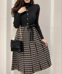 【即購入OK】韓国風 千鳥柄切替ニットワンピース