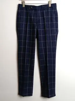 グリーン・レーベル・リラクシング 冬用スラックス ネイビー 格子柄 M