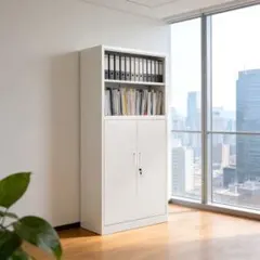 【新品】ホワイト スチール書庫 上下分割 両開き+オープン 鍵付き 5段 新品】ホワイト スチール書庫 上下分割 両開き+オープン 鍵付き 5段