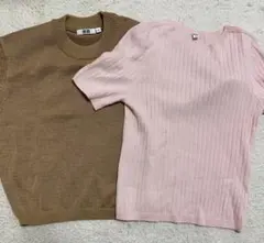 ユニクロ　半袖　ブラウン・ピンク リブ編みTシャツ2枚セット