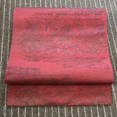 繊細な花柄刺繍の赤い帯 名古屋 中古美品 正絹 送料無料