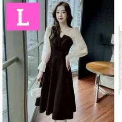 パーティードレス L ブラック フォーマル　結婚式 お呼ばれ　レース　チュール