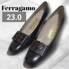 レア✨【フェラガモFerragamo】木製ロゴ／スクエアパンプス/ブラック6C
