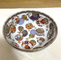 23cm 庫山窯　色絵　手まり　大盛鉢　菓子鉢　金彩　吉祥文様　手毬　前畑陶器