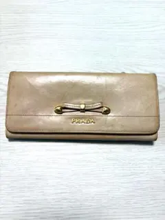 プラダ PRADA 長財布 二つ折り 小銭入れ リボン レザー ピンクベージュ