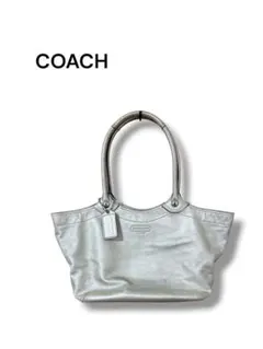 【訳あり】COACHコーチトートバッグシルバーレザー マルチストライプ裏地肩掛可