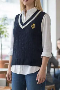 ローレンラルフローレン ケーブル編み コットン ニットベスト Vネック M