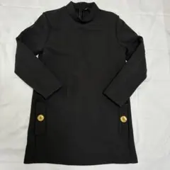 美品ZARA黒のハイネック長袖ワンピース金ボタンデザインロングトップス