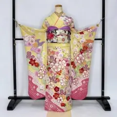 振袖フルセット 黄色 ピンク 成人式 草履バック付 裄64.5cm S-199