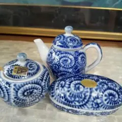 d740 双急須盆＆一双急須セット 鎌倉彫、網目瑞光 煎茶道具 古物