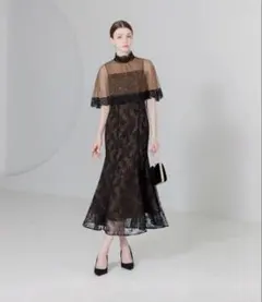 【LEJA】ハイネック花柄レースマーメイドフレアロングドレスワンピース