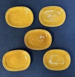 江戸時代　珉平焼き　龍紋図　楕円形　淡路焼　菓子皿　豆皿　5枚　黄色　黄交趾 江戸時代 珉平焼き 龍紋図 楕円形 淡路焼 菓子皿 豆皿 5枚 黄色 黄交趾
