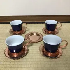 昭和レトロ 紺色陶器カップと金属製ソーサーセット4個