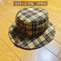チェック　バケットハット　リバーシブル　バケハ　UV