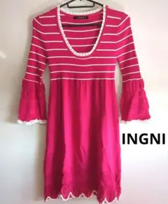 INGNI イング　七分袖ピンクストライプ ひざ丈ワンピース　透かし編み