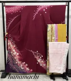 振り袖　フルセット　長襦袢　成人式　 金彩加工　刺繍入り　金通し　ワイン 655