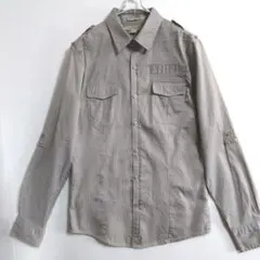 1228　heritage1981　薄手長袖シャツ　S　艶黄土色　縦縞　US古着