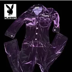 【美品】プレイボーイ　つなぎ カバーオール　バックプリント シルバー　【L】 美品】プレイボーイ つなぎ カバーオール バックプリント