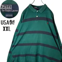 USA製ポロラルフローレン XXLサイズ グリーンボーダーポロシャツ ポニー刺繍