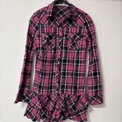 フリル付きピンクチェックシャツ M
