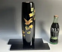 縁起物　雀　南天 蒔絵 花瓶 漆器 銅筒　敷板付き 伝統工芸 華道具　金蒔絵
