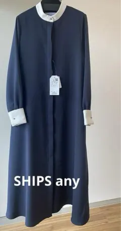 SHIPS any ダブルクロス Aライン シャツ ワンピースネイビー タグ付き