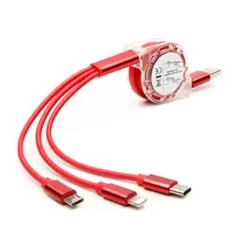 3in1 充電ケーブル 1m 巻取りUSBケーブル iPhone 赤