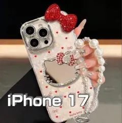 iphone 17スマホケース　ミラー付きキティ風デコ　ストラップ付き　レッド