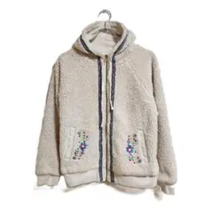 ボアパーカー M相当 アイボリー 刺繍 あったか 秋冬 厚手 おでかけ 可愛い