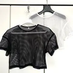 【美品】 【白&黒の2枚セット！】ショート丈メッシュ 半袖Tシャツ