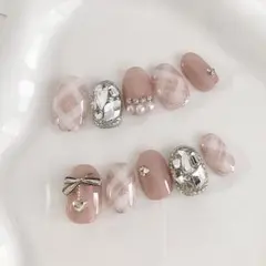 現品◾️ネイルチップ　ガーリー　チェックネイル　ピンク　韓国　ワンホン　リボン