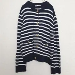 ザラ|ボーダー柄 ニットカーディガン【S】金ボタン 錨マーク クルーネック 綿